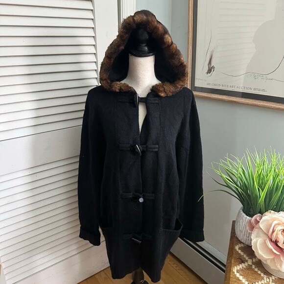 Ralph Lauren LRL Jacket Womens Medium Black Hooded Cardigan Wool Blend Toggles - Picture 1 of 8
